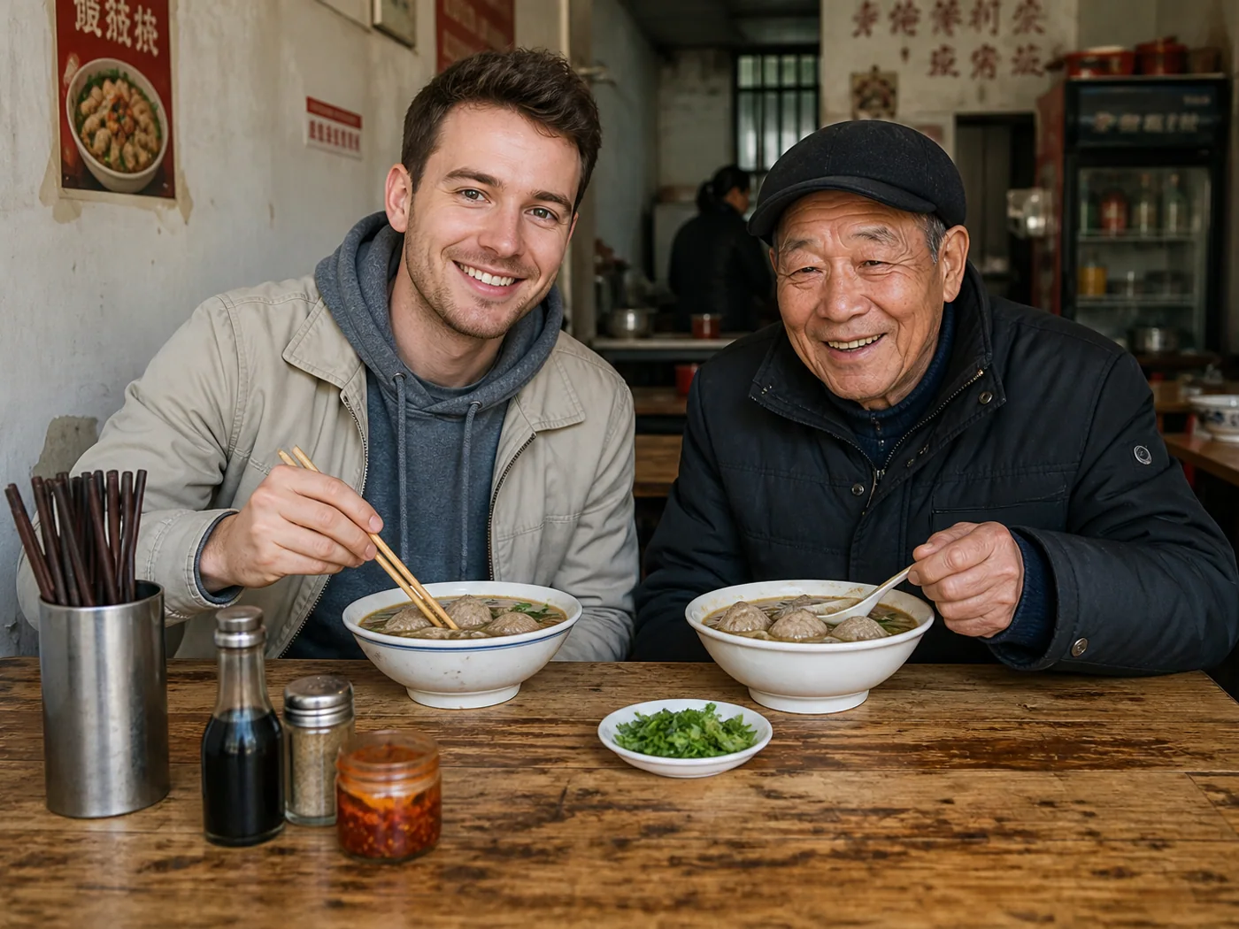 Traveler eating beef meatball soup