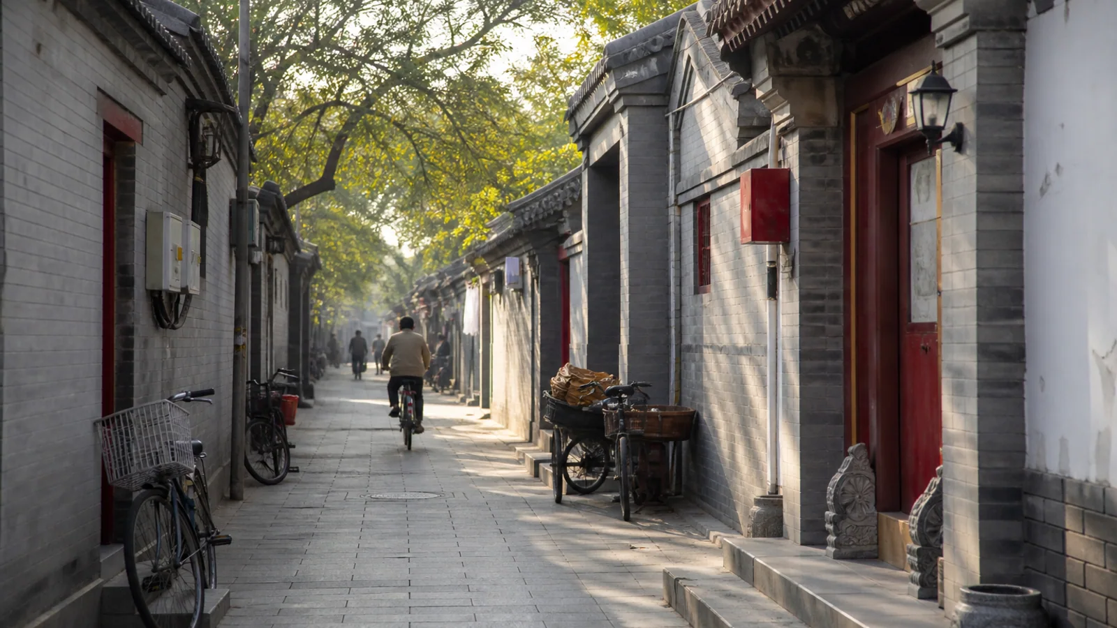 A lived-in hutong street with bicycles and courtyard homes in Beijing