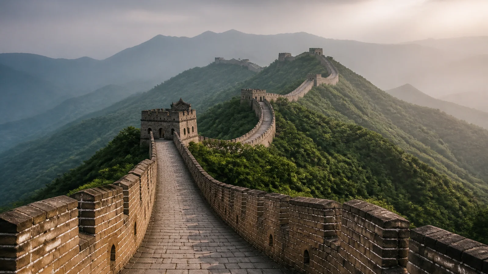The Great Wall crossing green mountain ridges at Mutianyu near Beijing