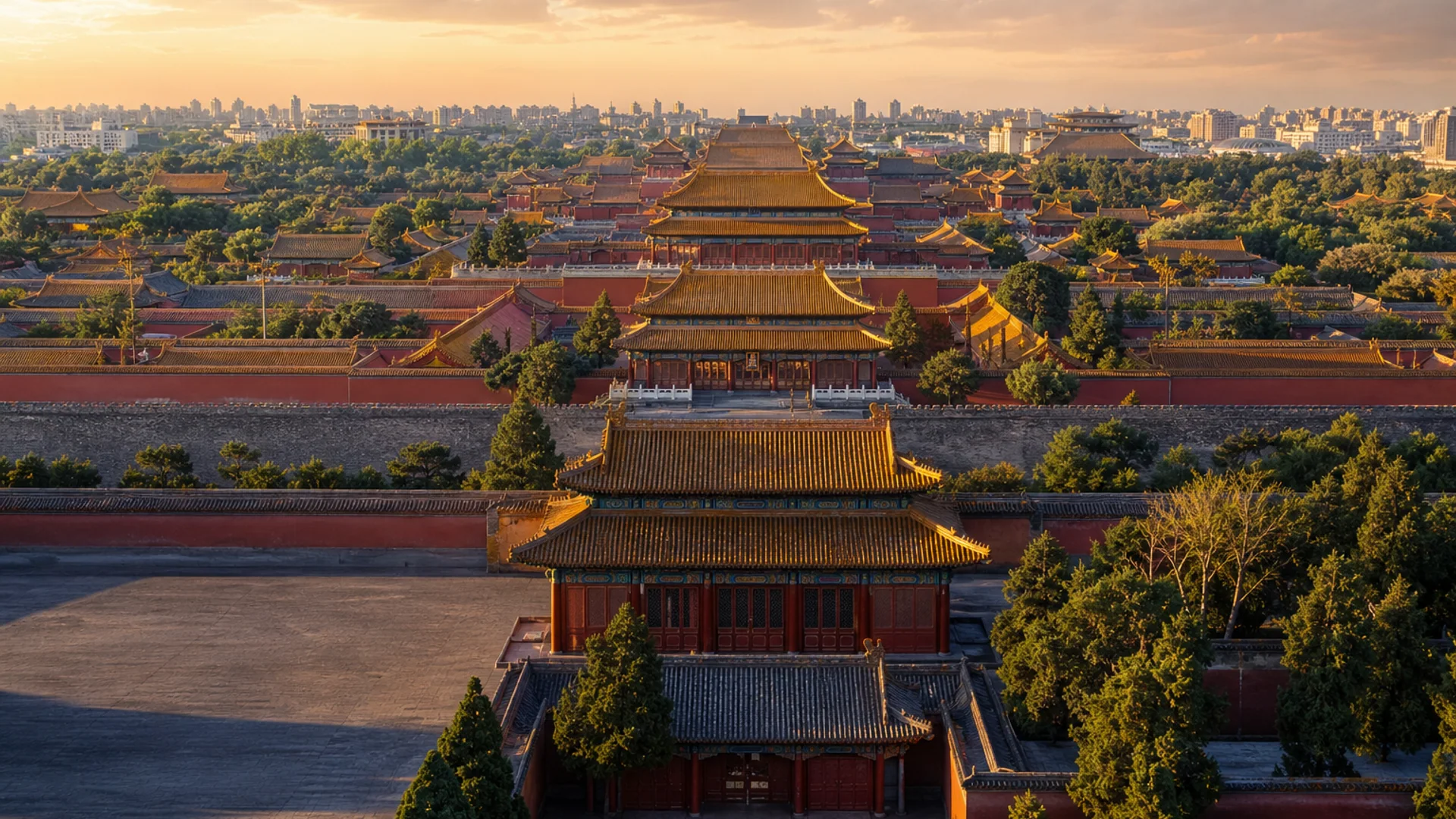 The Forbidden City at blue hour with warm dawn light over Beijing