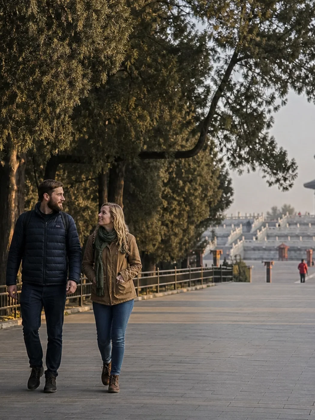 An international visitor practicing tai chi with Beijing residents near the Temple of Heaven at dawn