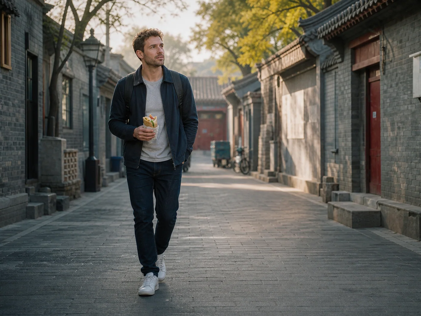 A visitor receiving a freshly made jianbing from a Beijing hutong breakfast vendor