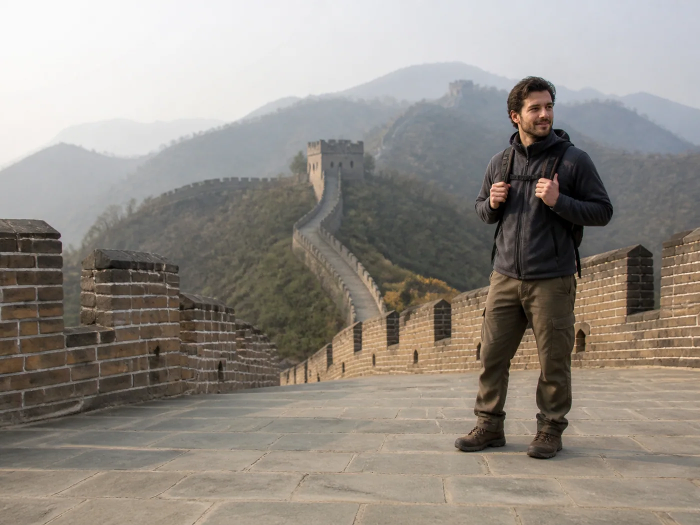 A traveler pausing on the Mutianyu Great Wall above forested mountain ridges