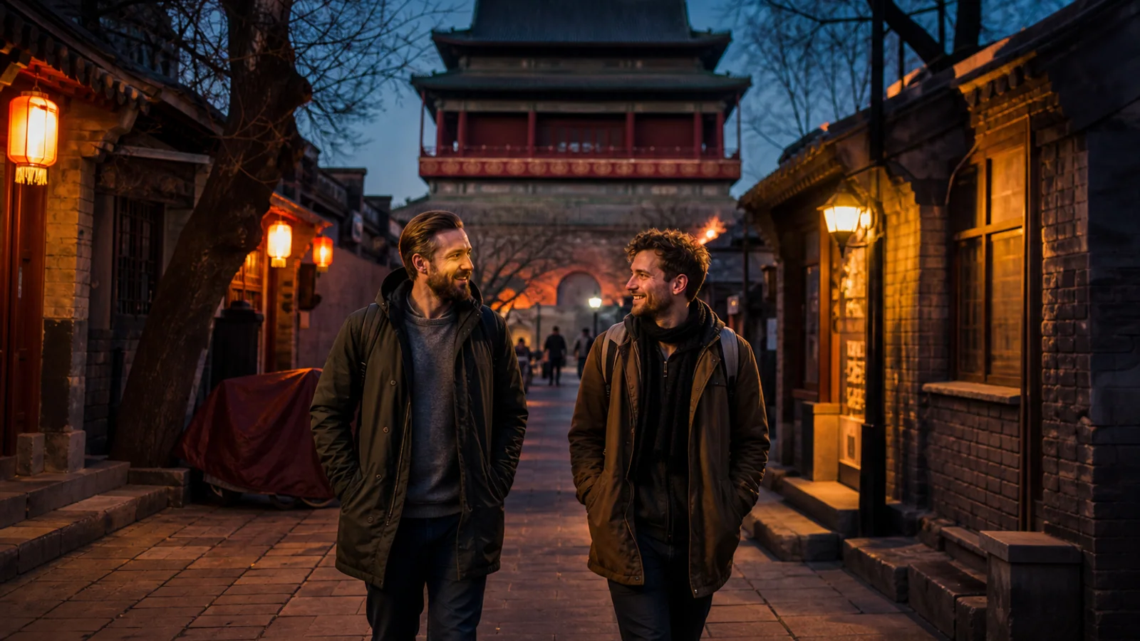 Two friends walking through a warmly lit Beijing hutong at blue hour