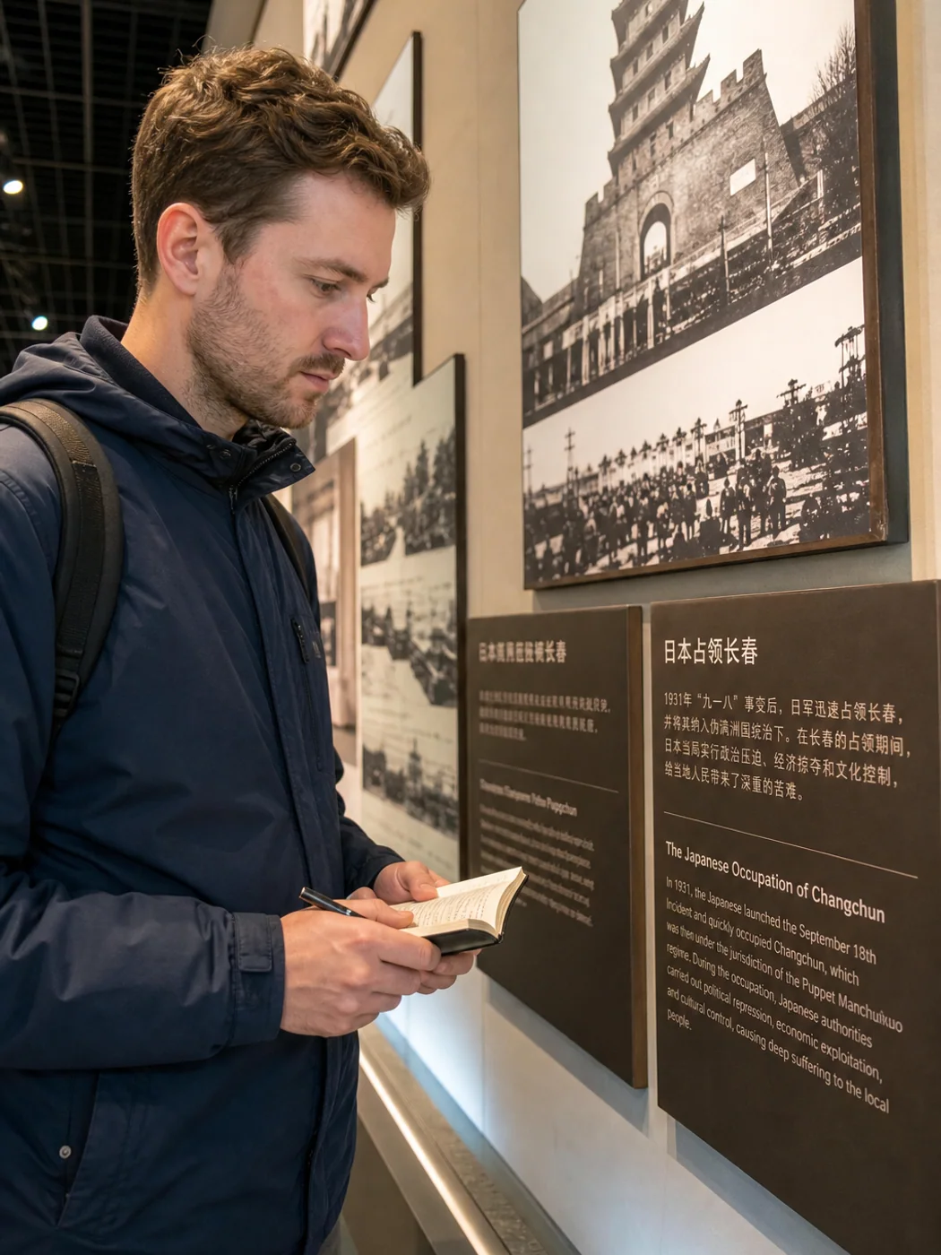 Traveler taking notes in Changchun museum