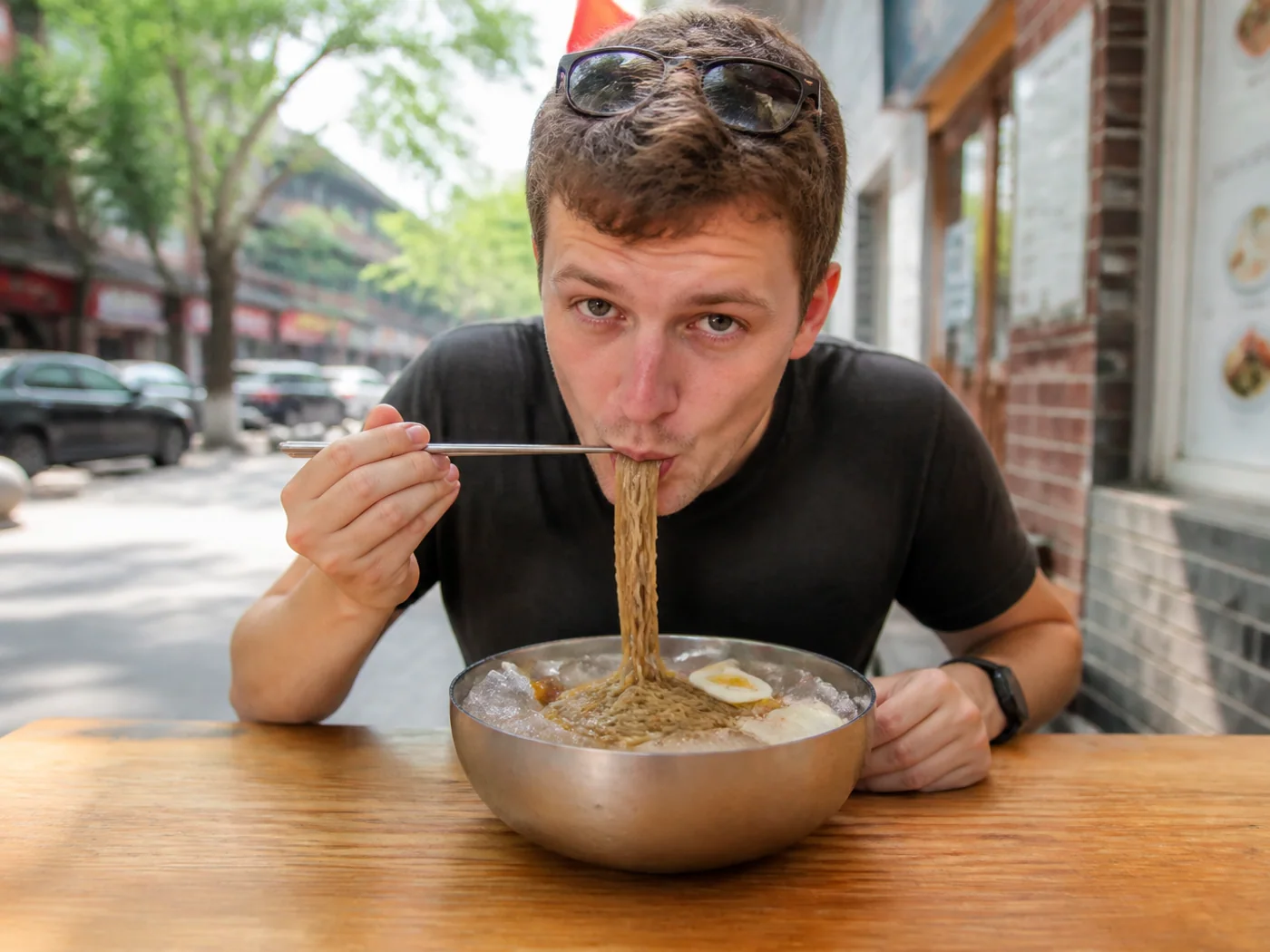 Traveler eating cold noodles