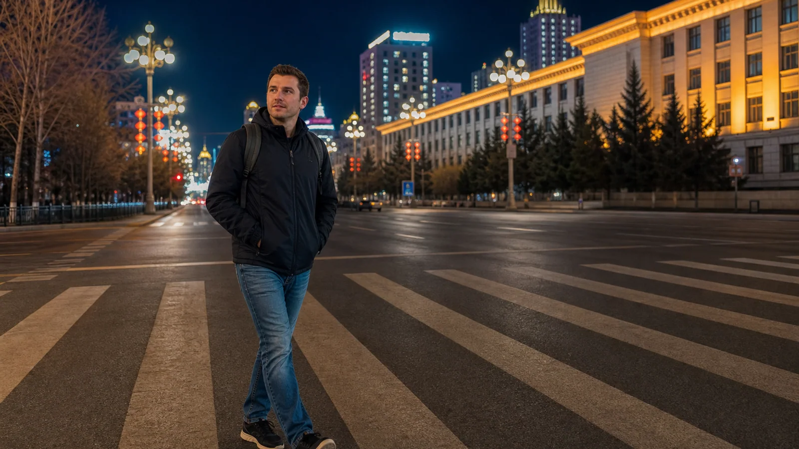 Traveler on wide Changchun street at night