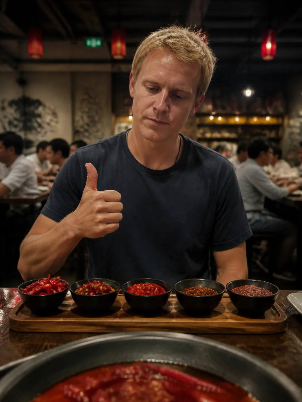 A traveler choosing chili heat with a thumb gesture while ordering Hunan rice noodles in a Changsha breakfast shop