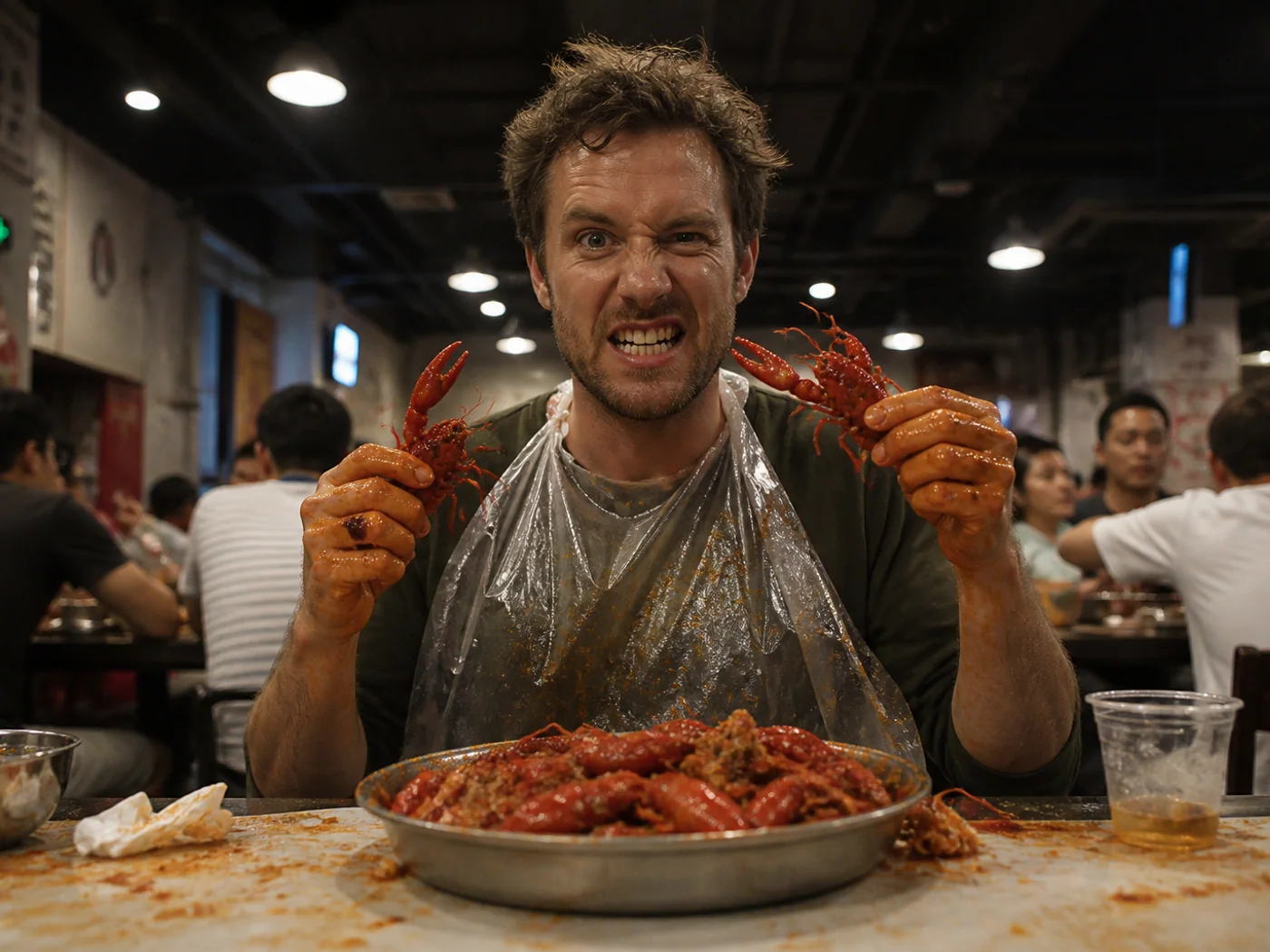 Travelers in plastic bibs sharing a messy platter of spicy Changsha crayfish at a night-market table
