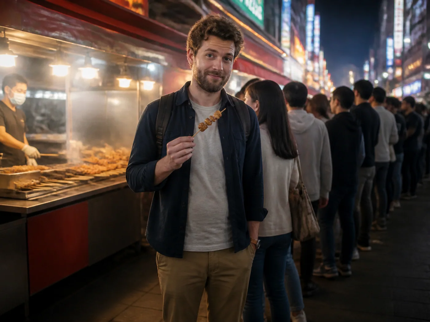 A traveler rejoining the night queue for Changsha stinky tofu after finishing the first tray