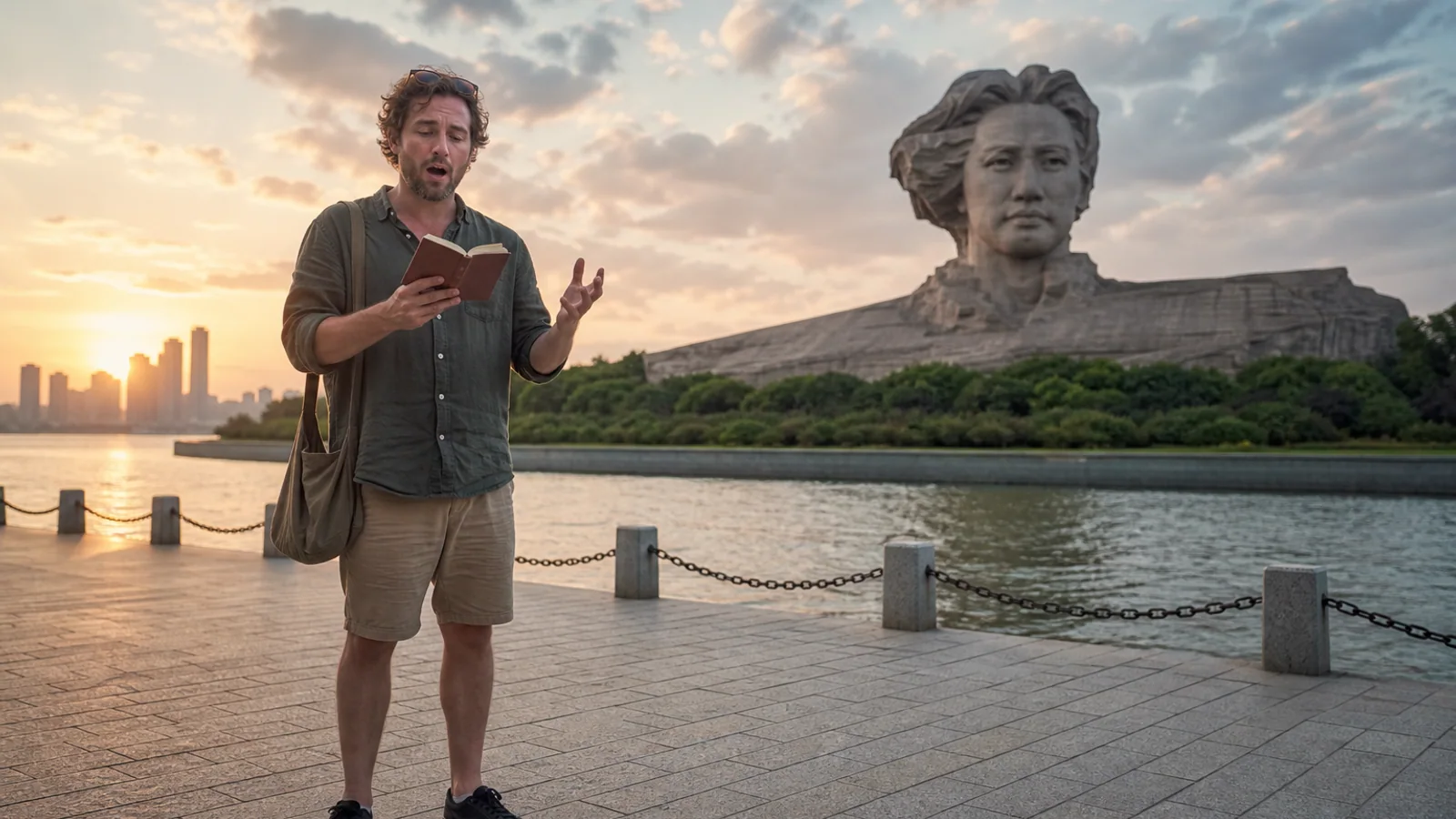 A traveler reading poetry from a phone on Orange Isle at sunset with the Xiang River behind