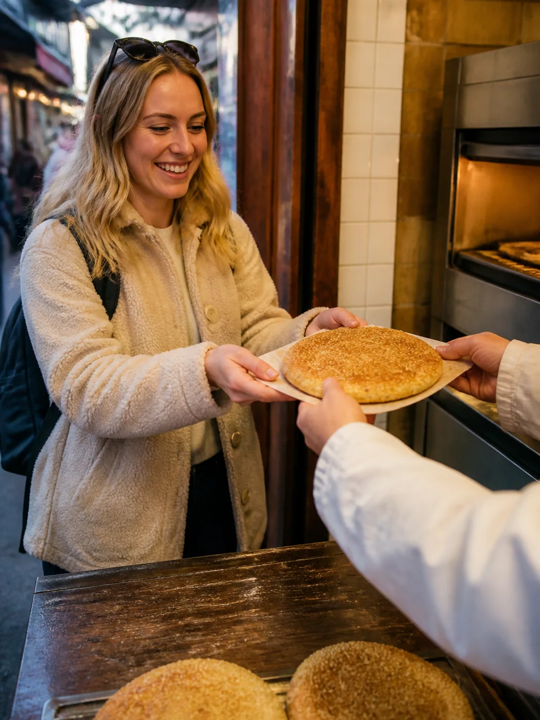 Traveler buying sesame cake