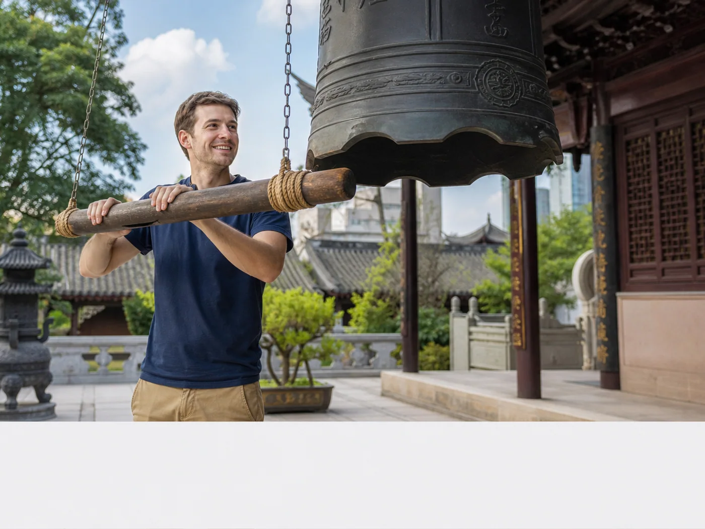 Visitor ringing temple bell