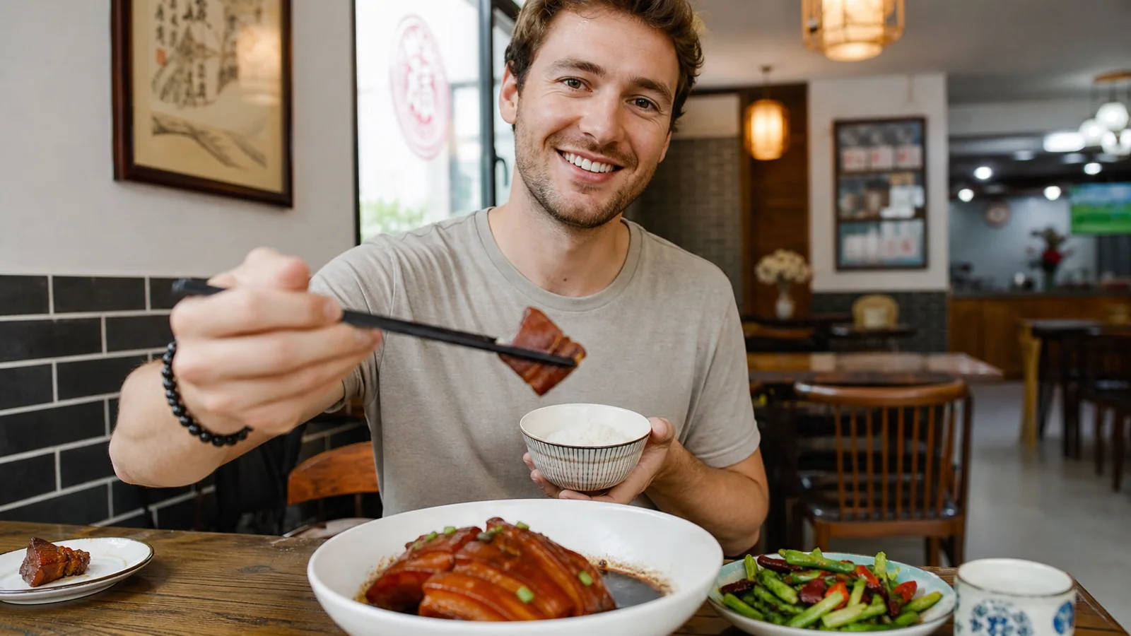 Family sharing braised pork