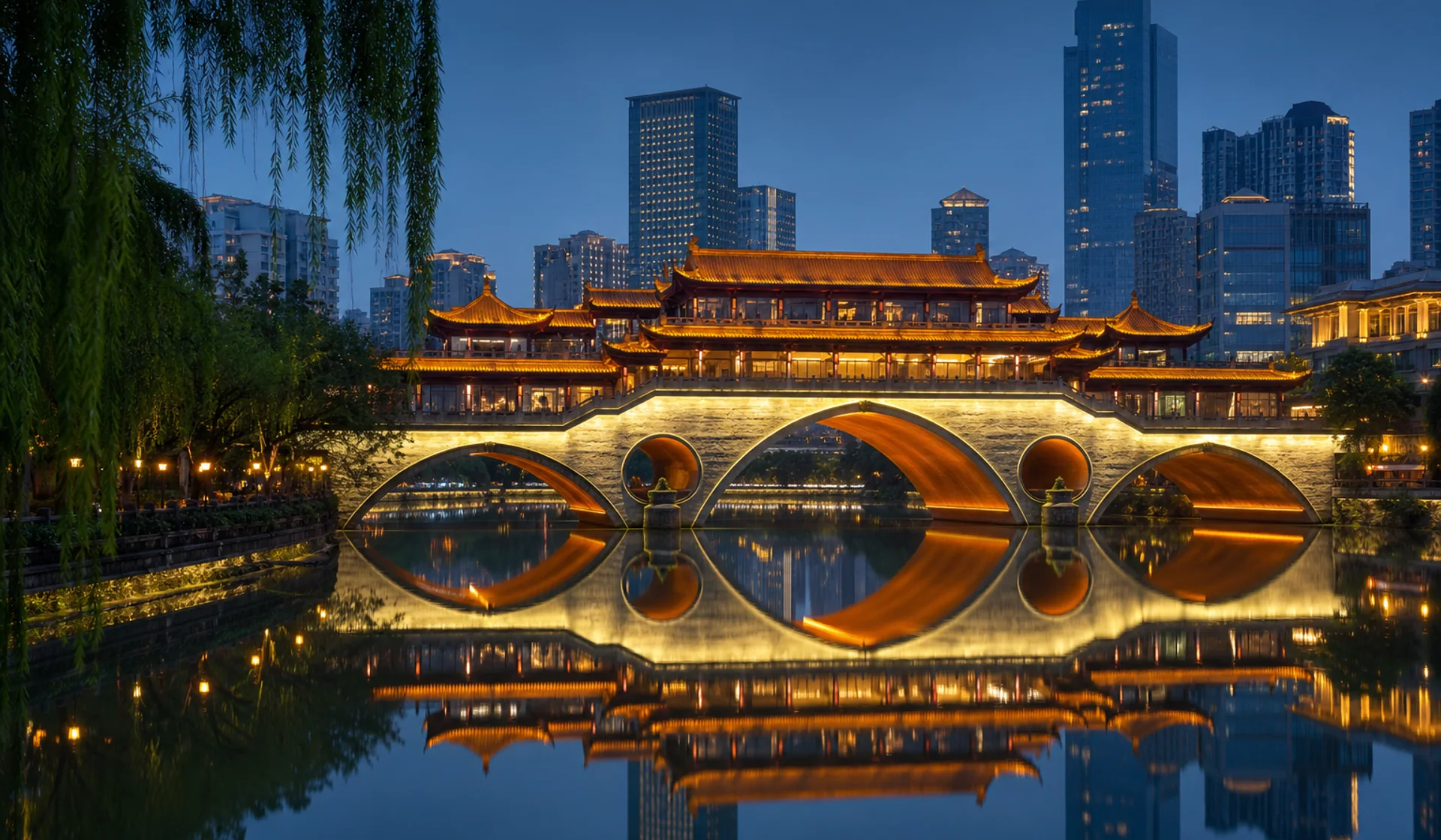 Anshun Bridge glowing over the Jinjiang River at dusk in Chengdu