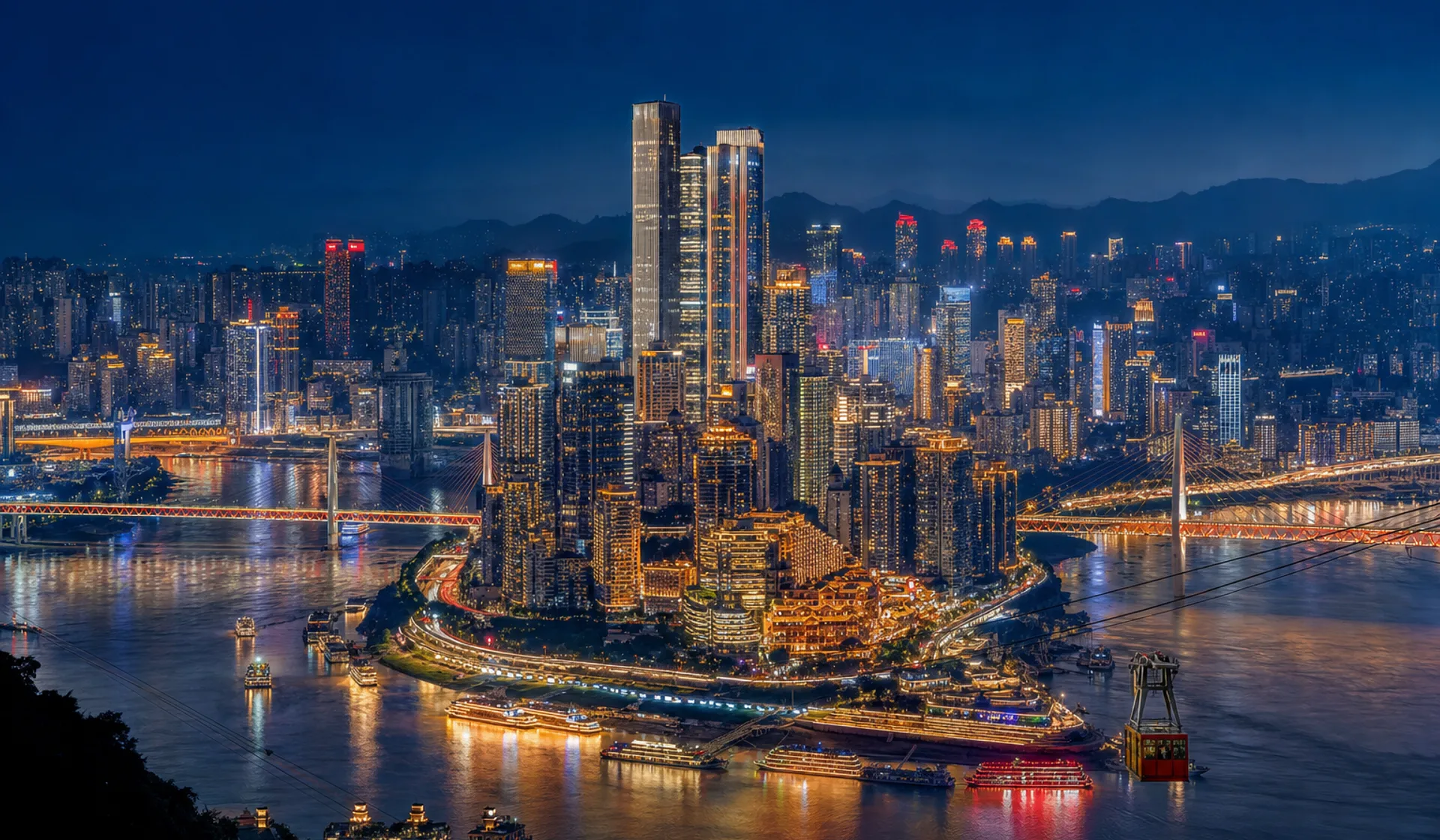 Chongqing's illuminated towers rising above the river at night