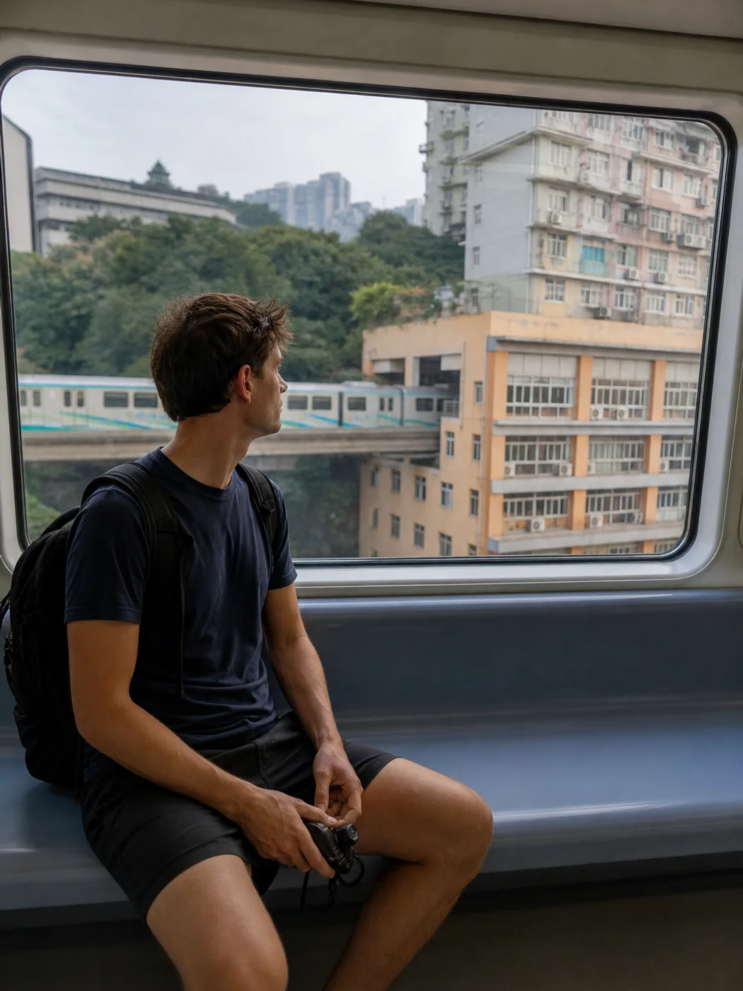 Travelers on metro through building