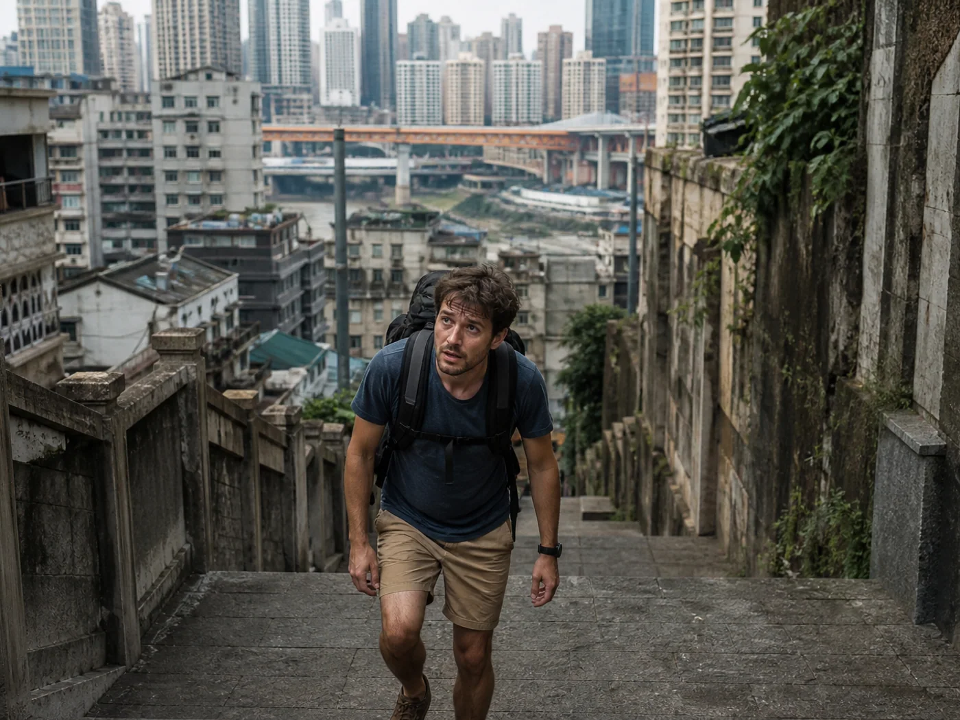 Travelers climbing Chongqing stairs