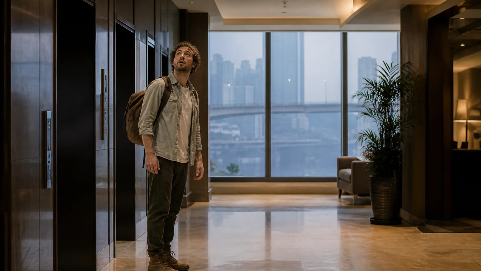 Traveler locating hotel lobby