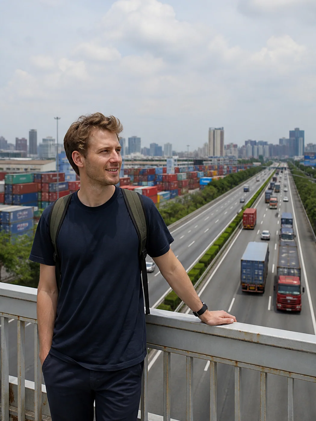 Traveler observing logistics traffic