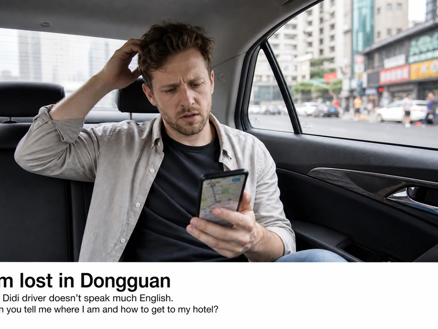 Traveler in car between Dongguan districts