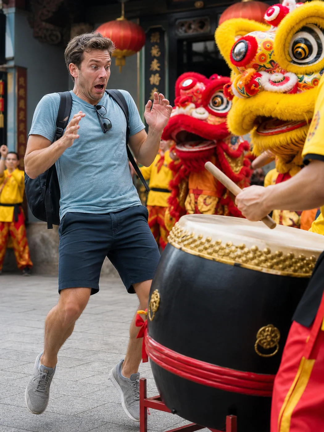 Traveler reacting to lion dance drum