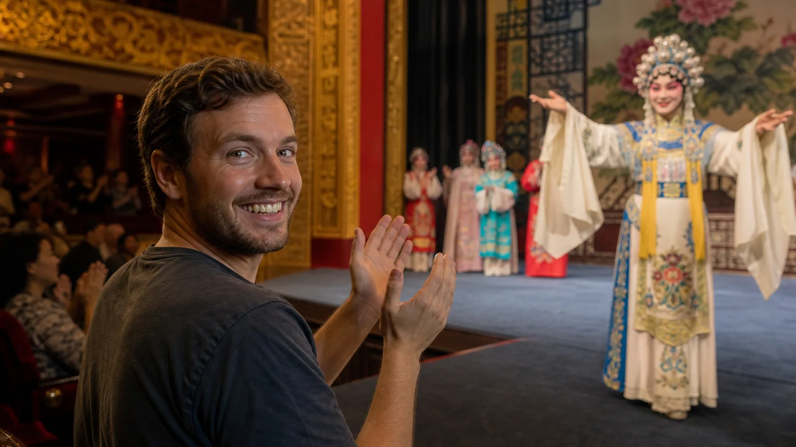 Travelers applauding Cantonese opera