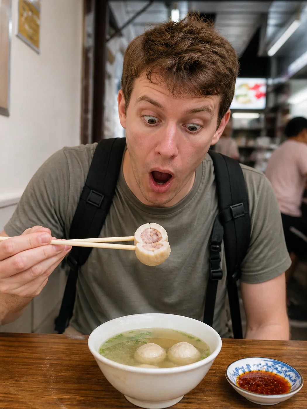 Traveler surprised by fish ball filling