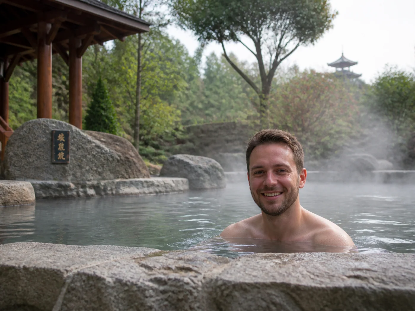 Traveler relaxing in hot spring