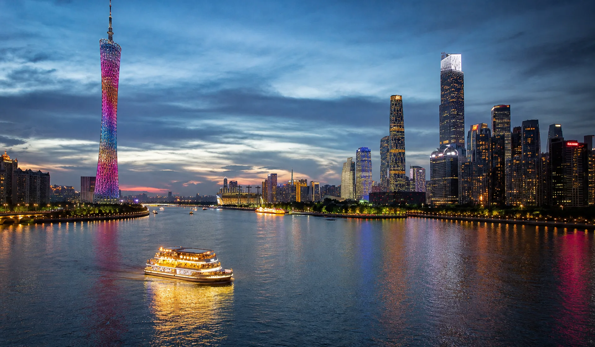 Guangzhou skyline rising beyond the Pearl River