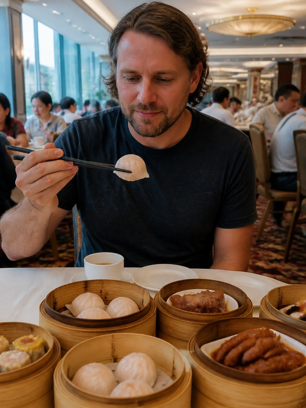 Traveler pouring tea for table