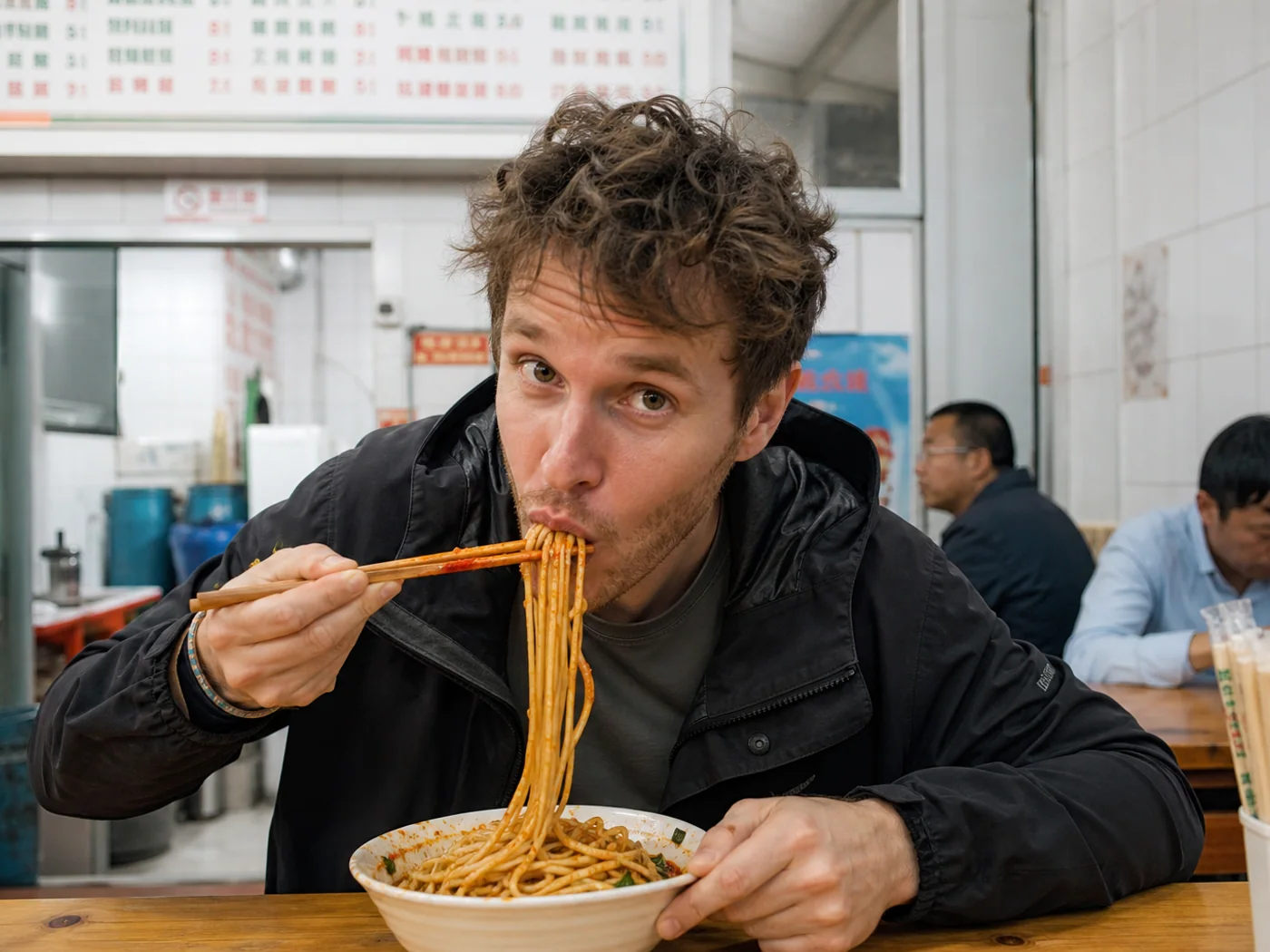 Traveler eating spicy breakfast noodles