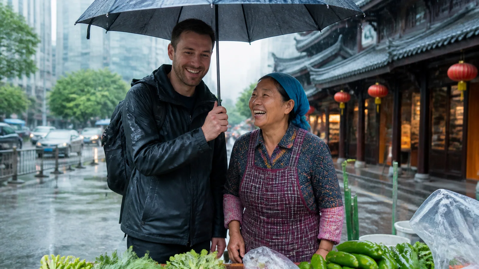 Traveler sharing umbrella in rain