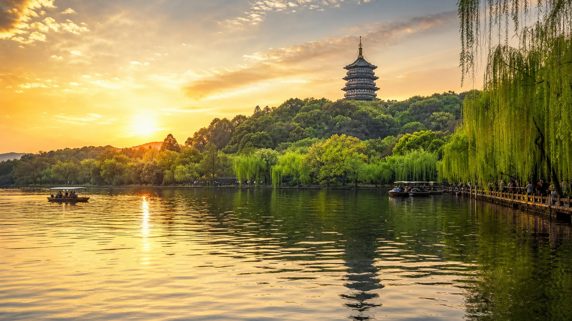 Green hills and calm water surrounding West Lake in Hangzhou