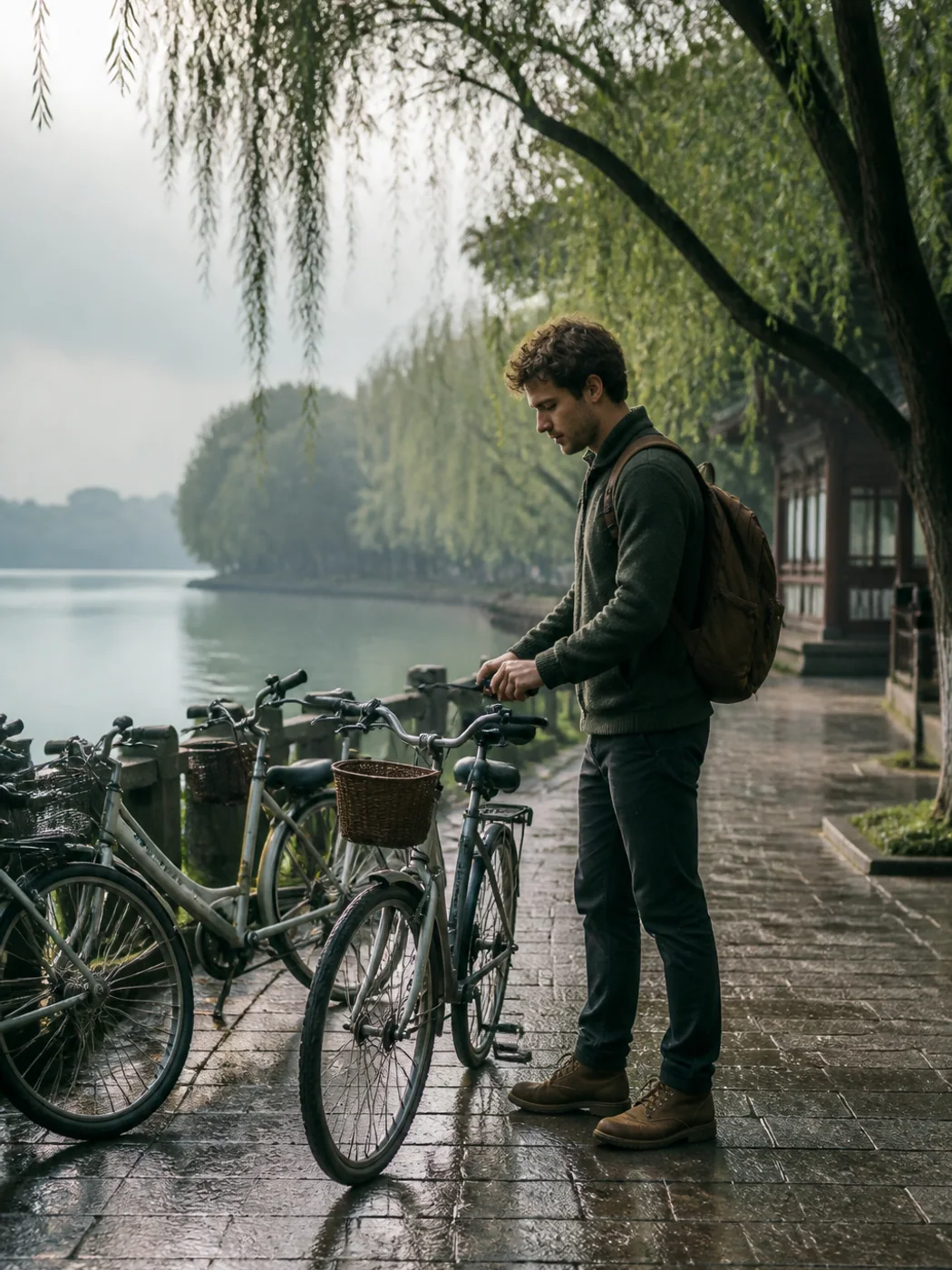 Cyclists on Hangzhou lake path