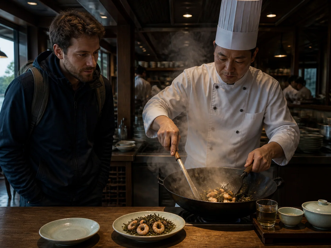 Traveler watching Longjing shrimp prepared