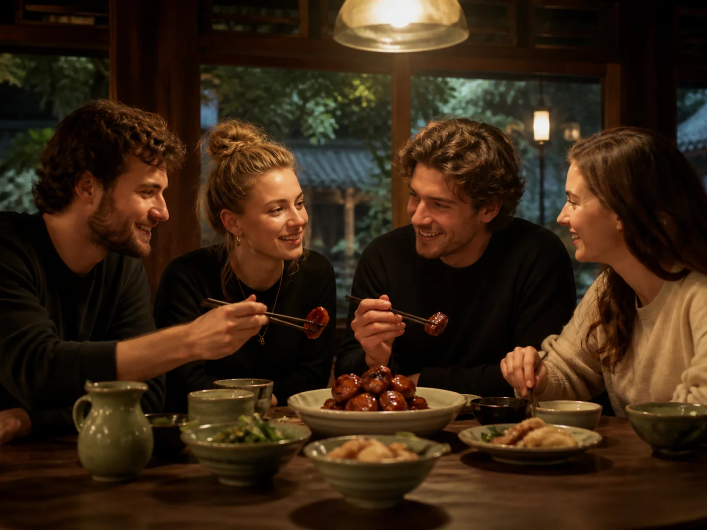 Travelers sharing braised pork