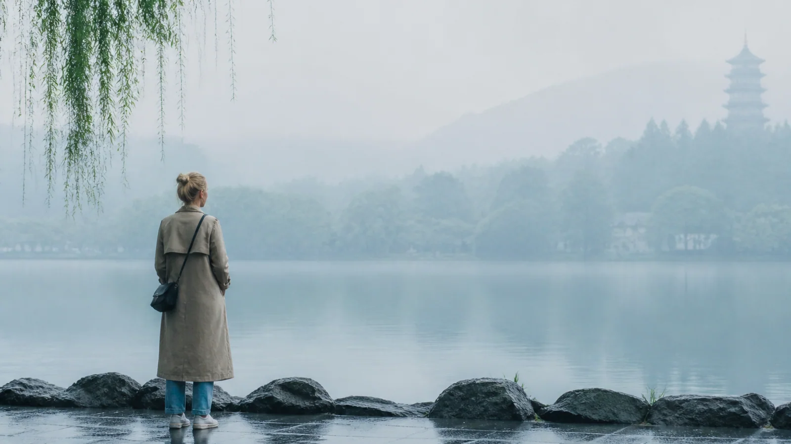 Traveler lingering by misty lake