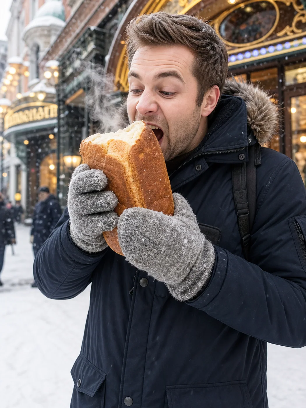Traveler buying bread in Harbin winter