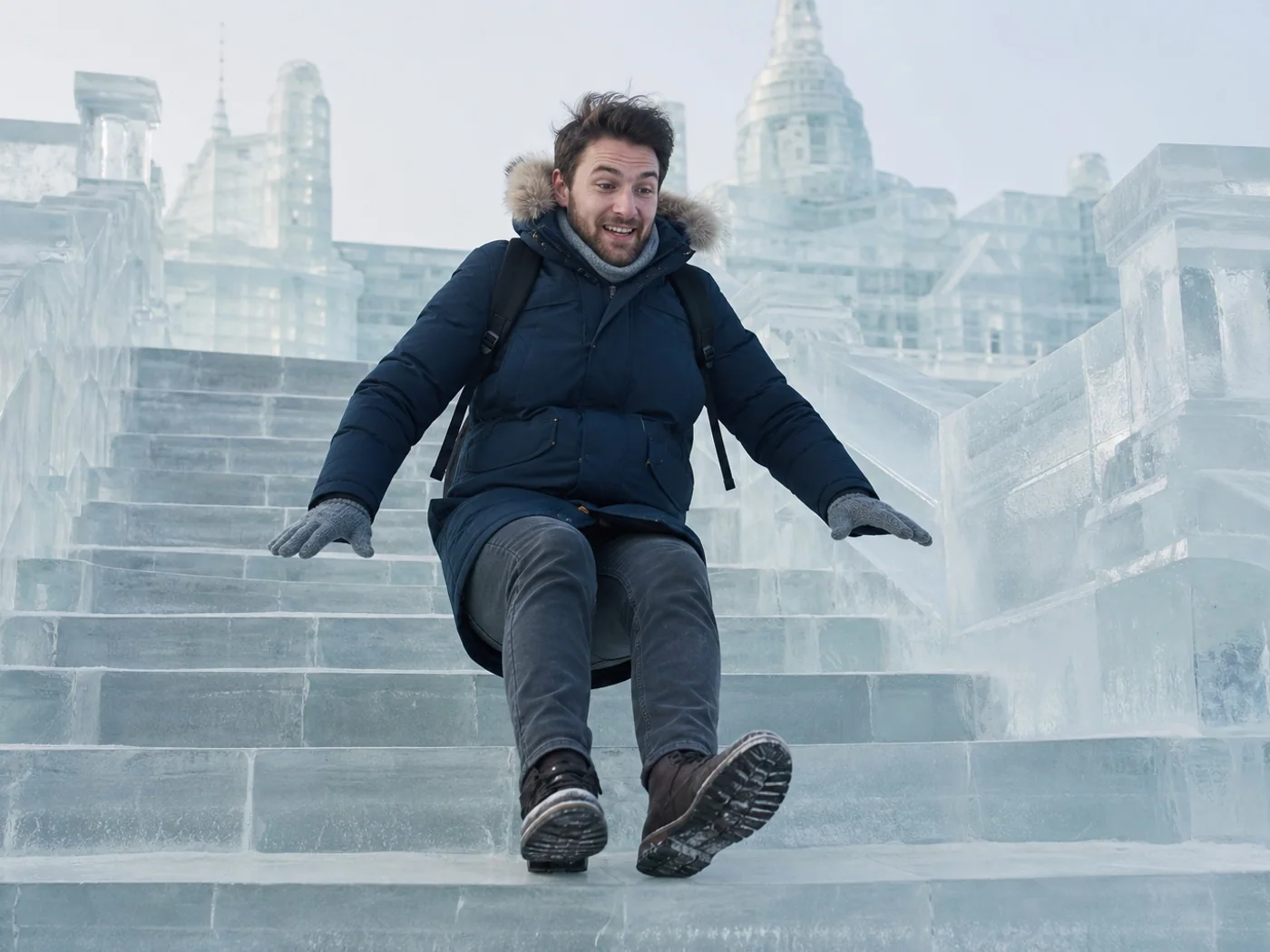 Traveler navigating icy steps in Harbin