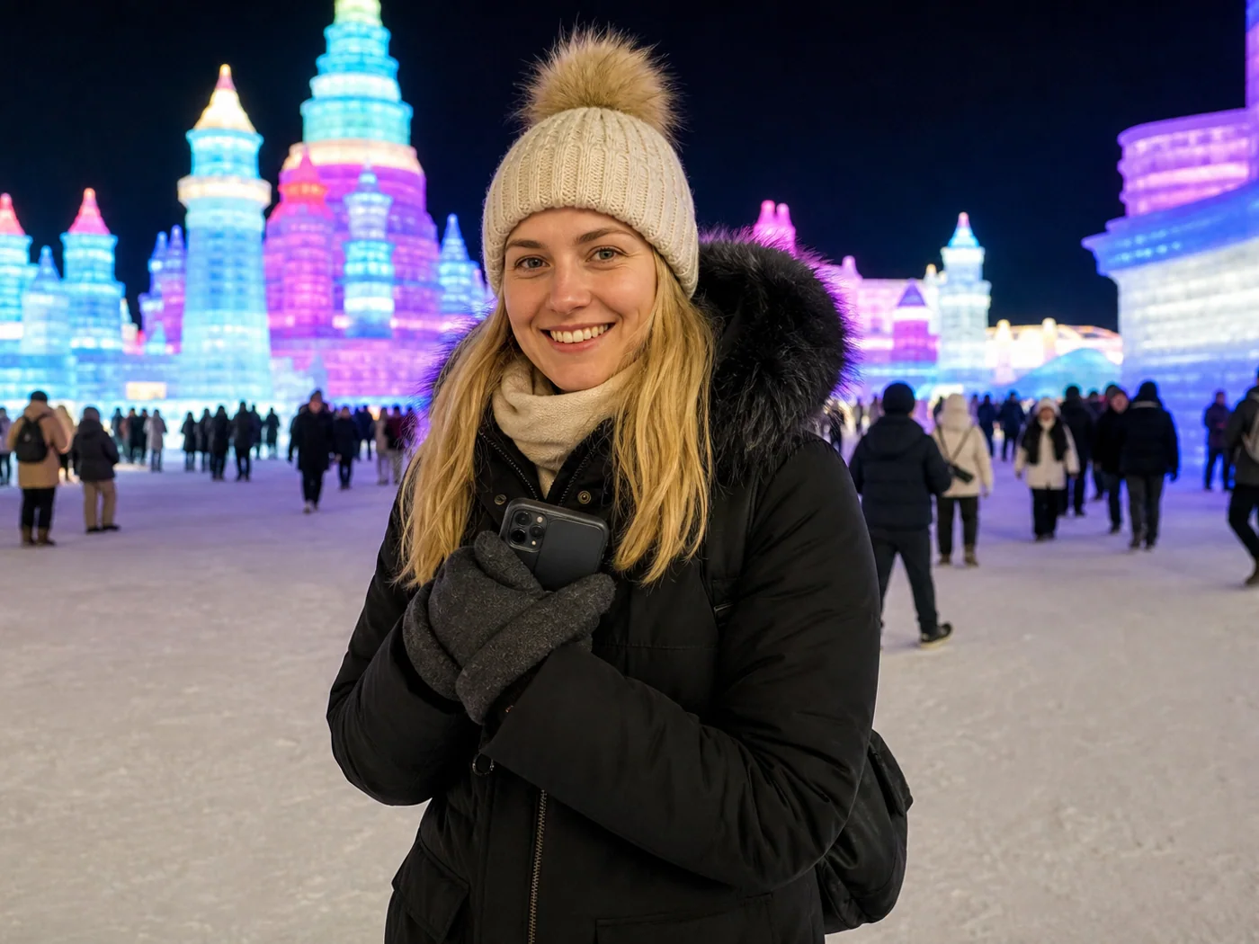 Traveler warming phone at ice festival