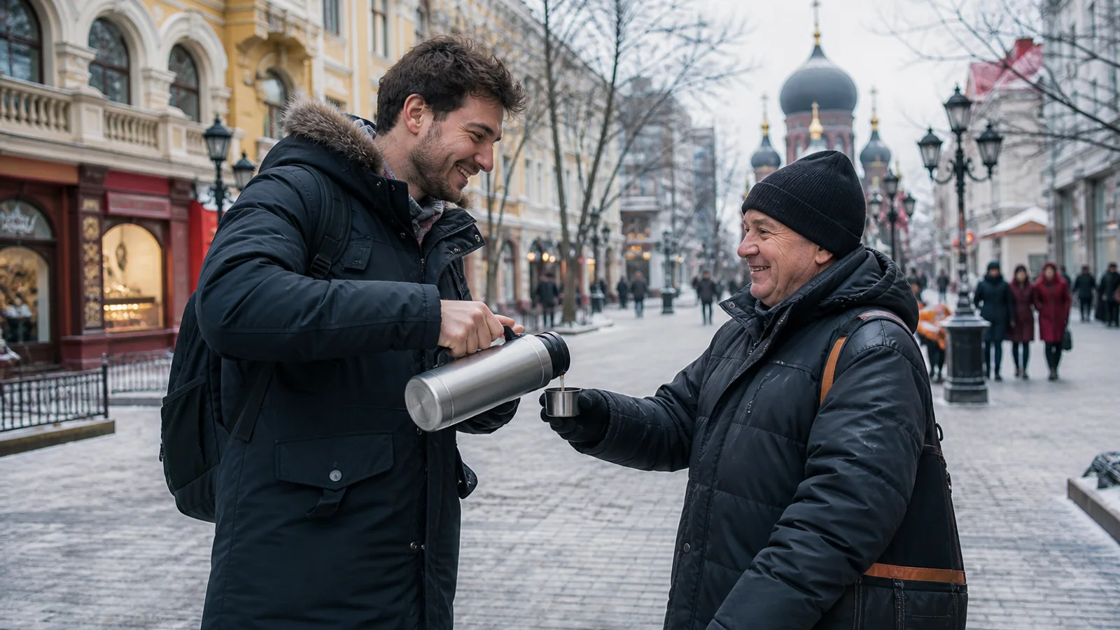 Travelers sharing hot drink in Harbin