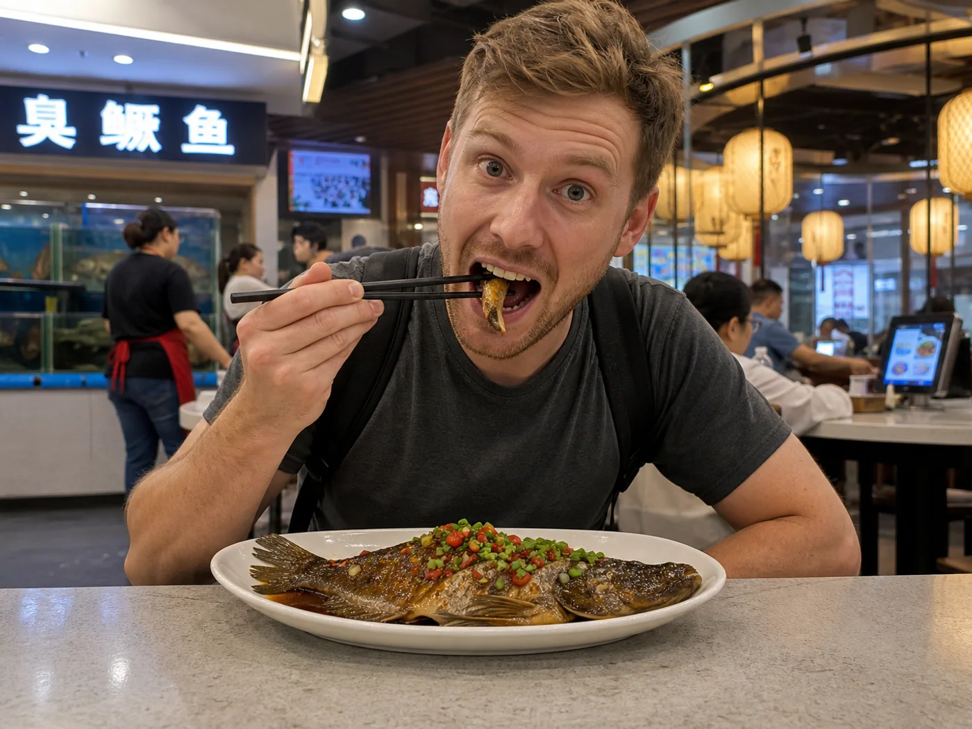 Traveler trying Anhui fish dish