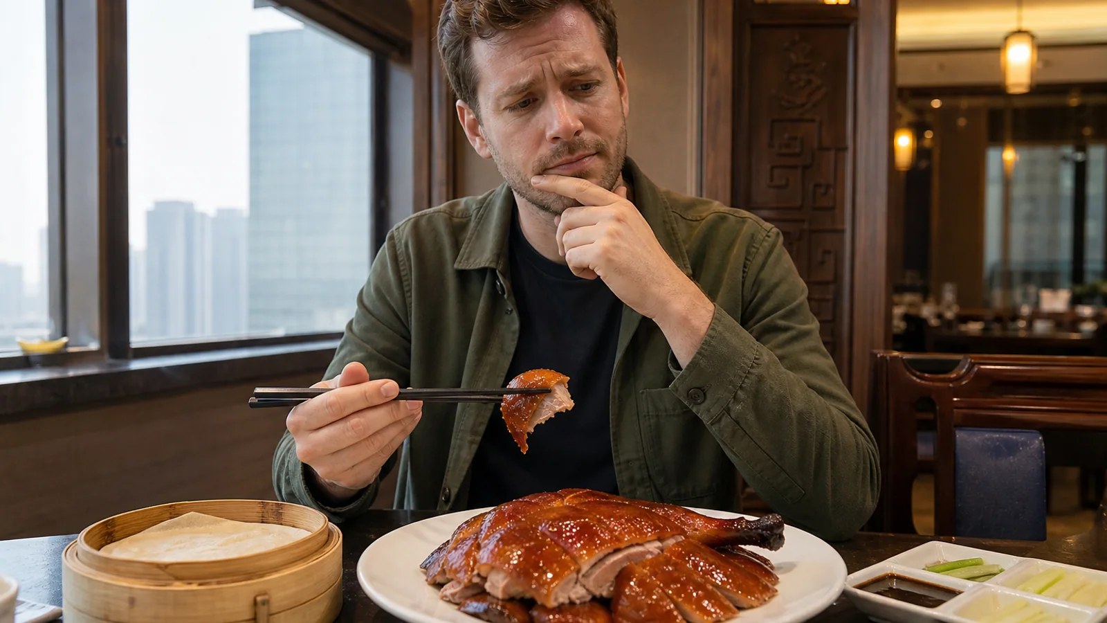 Traveler eating Luzhou roast duck