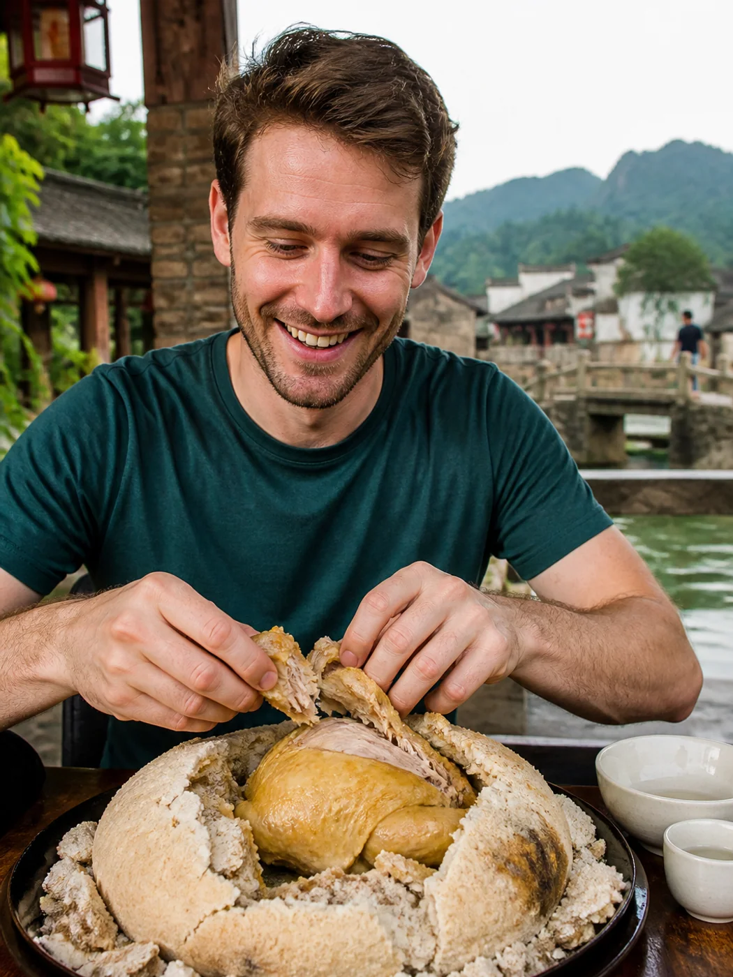 Travelers sharing salt-baked chicken