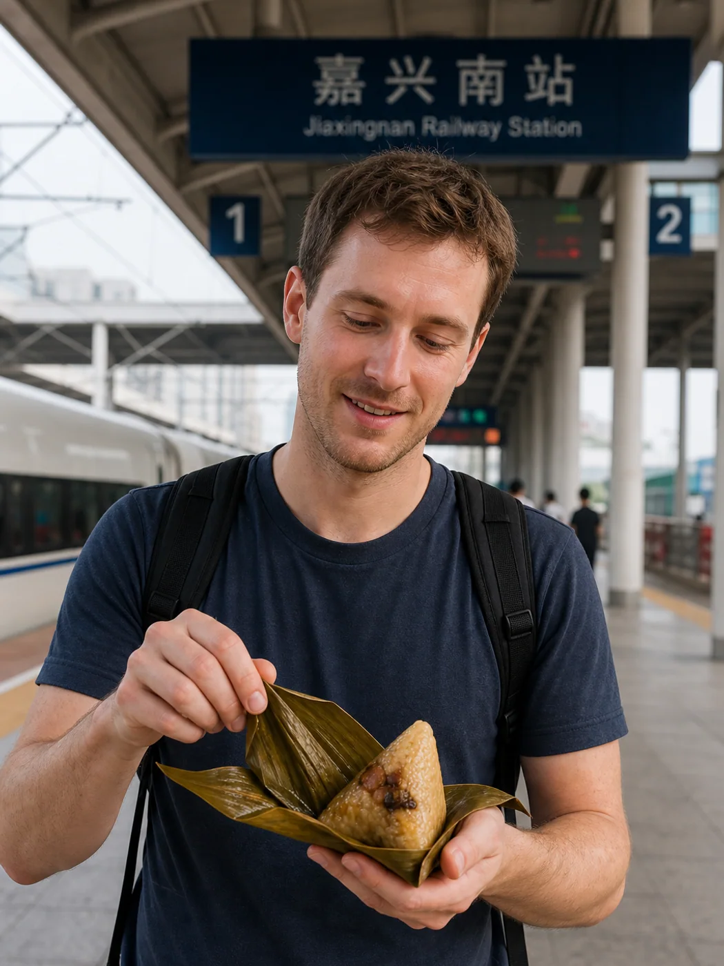 Traveler eating zongzi before train