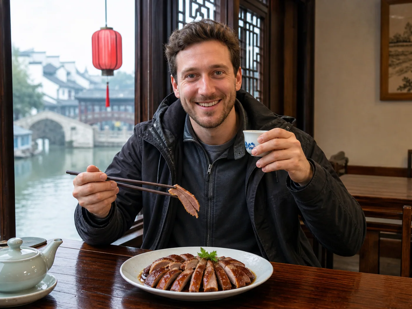 Travelers sharing cold duck dish
