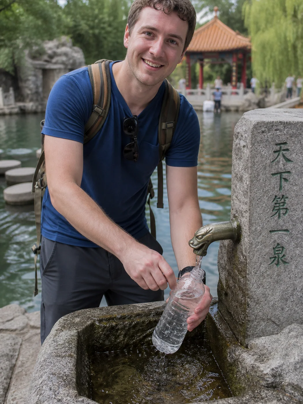 Traveler at public spring fountain