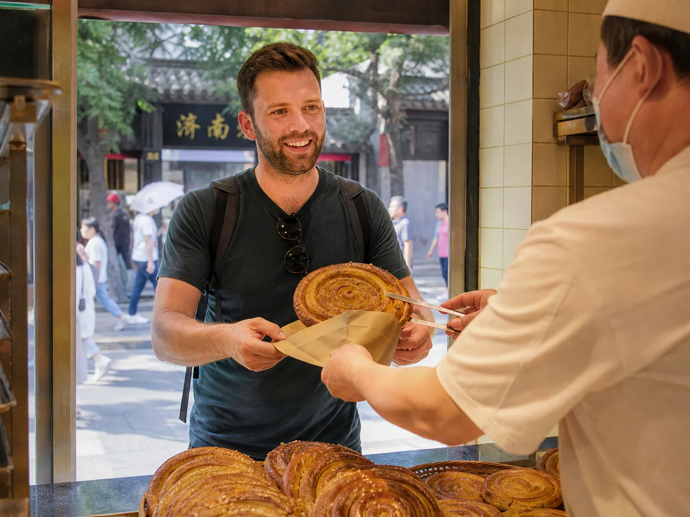 Traveler buying youxuan pastry