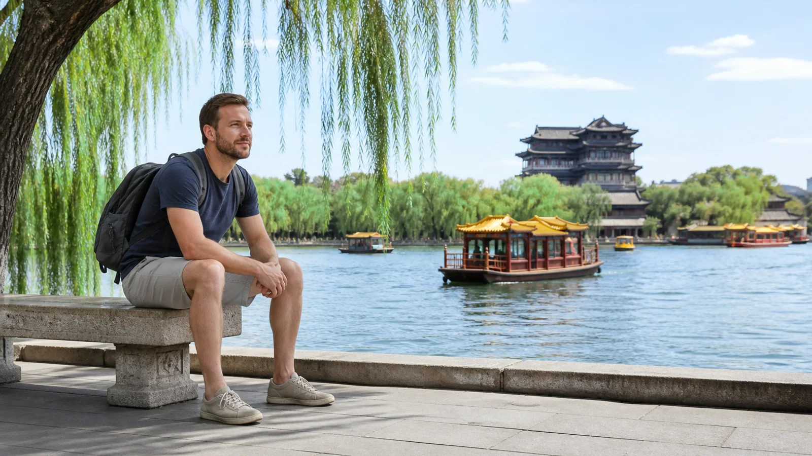 Travelers resting by Daming Lake